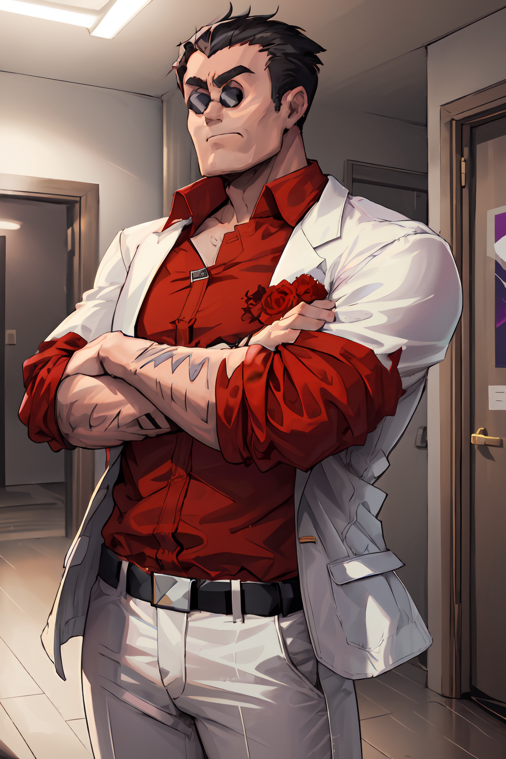 00388-2439003838-masterpiece,best quality,1boy,mature male,hthelltaker,arm hair,black hair,sunglasses,white jacket,red shirt,collared shirt,sleev.png